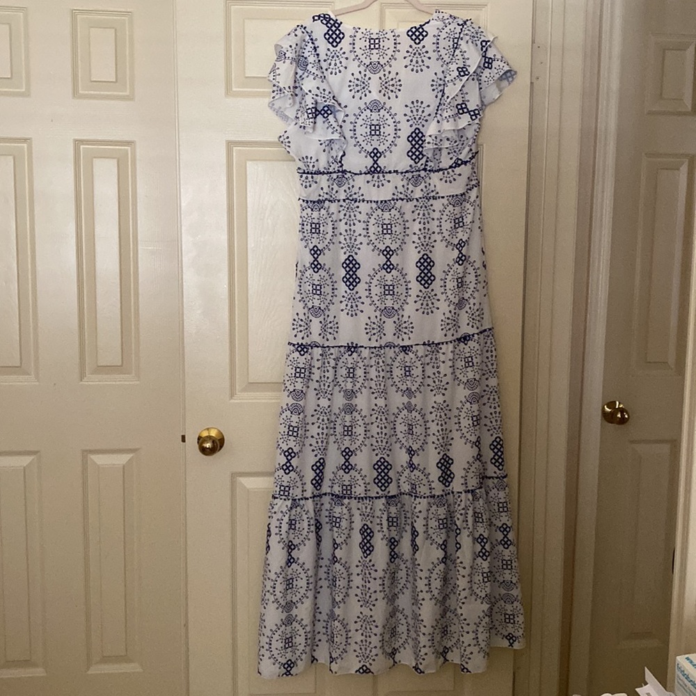 Tiered Maxi length dress with ruffle accents | XXL | Blue and White |